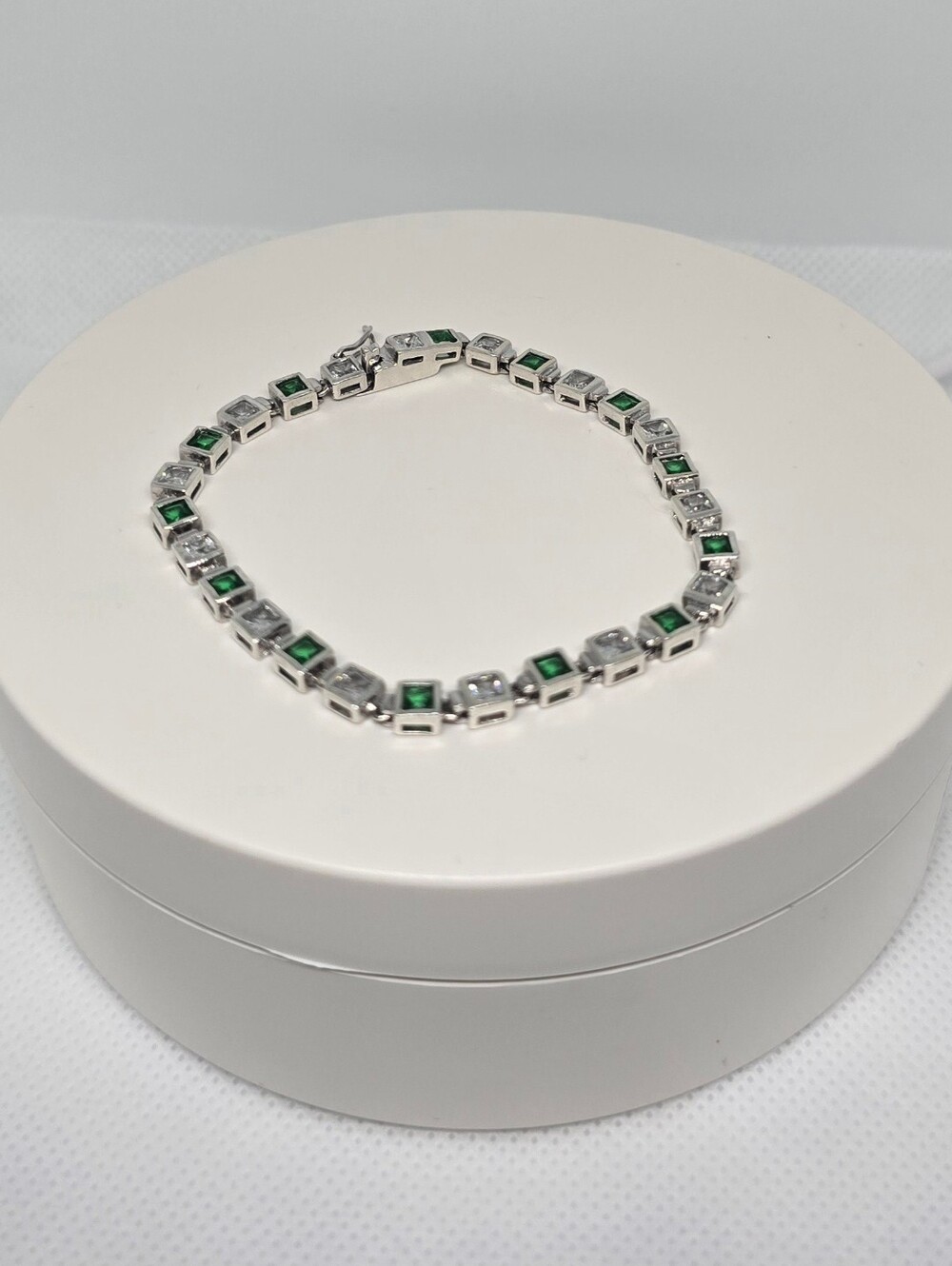 Sterling Silver Tennis Bracelet with Green and Clear Stones